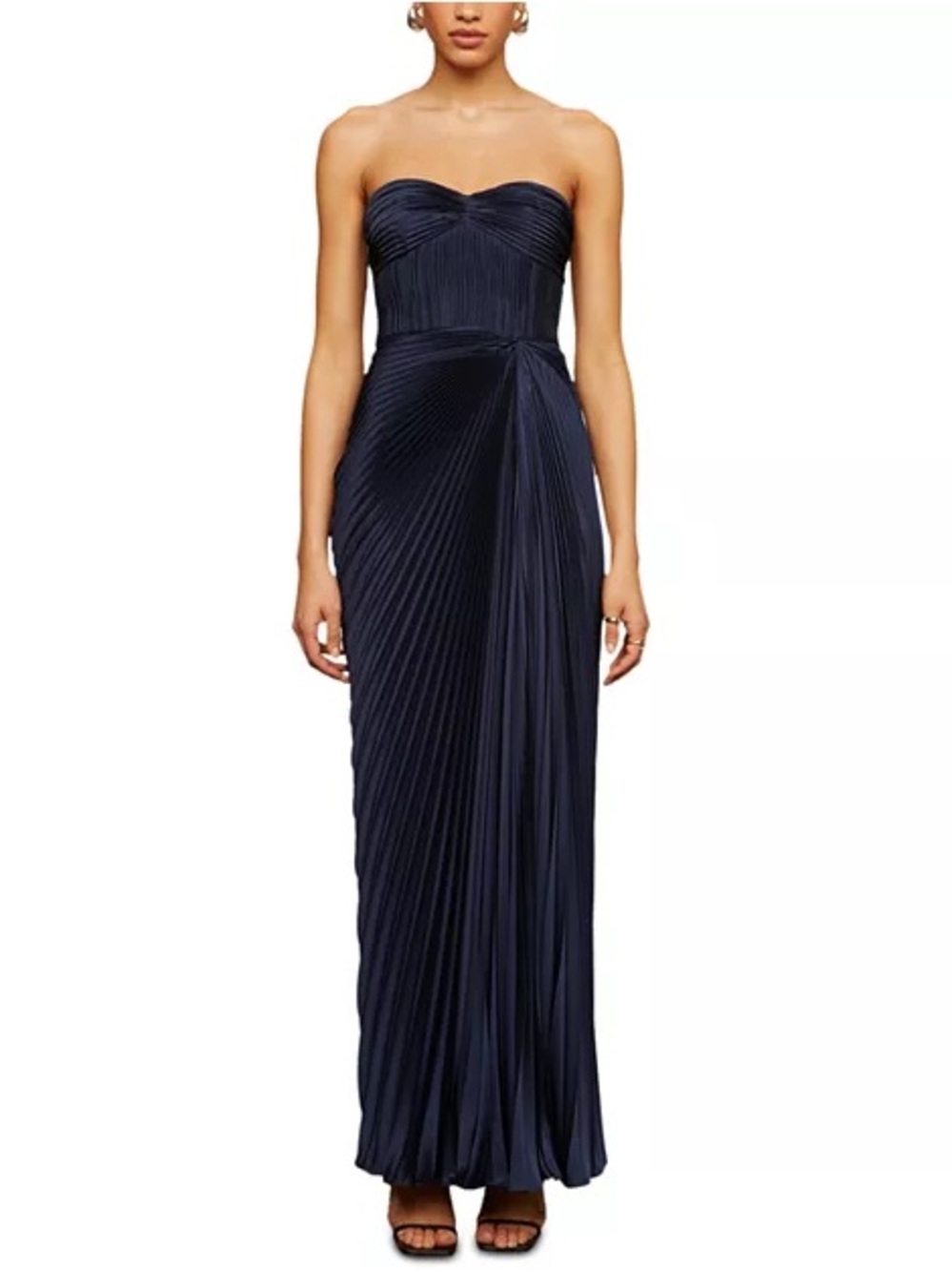 AMUR Strapless Navy Pleated Maxi Dress